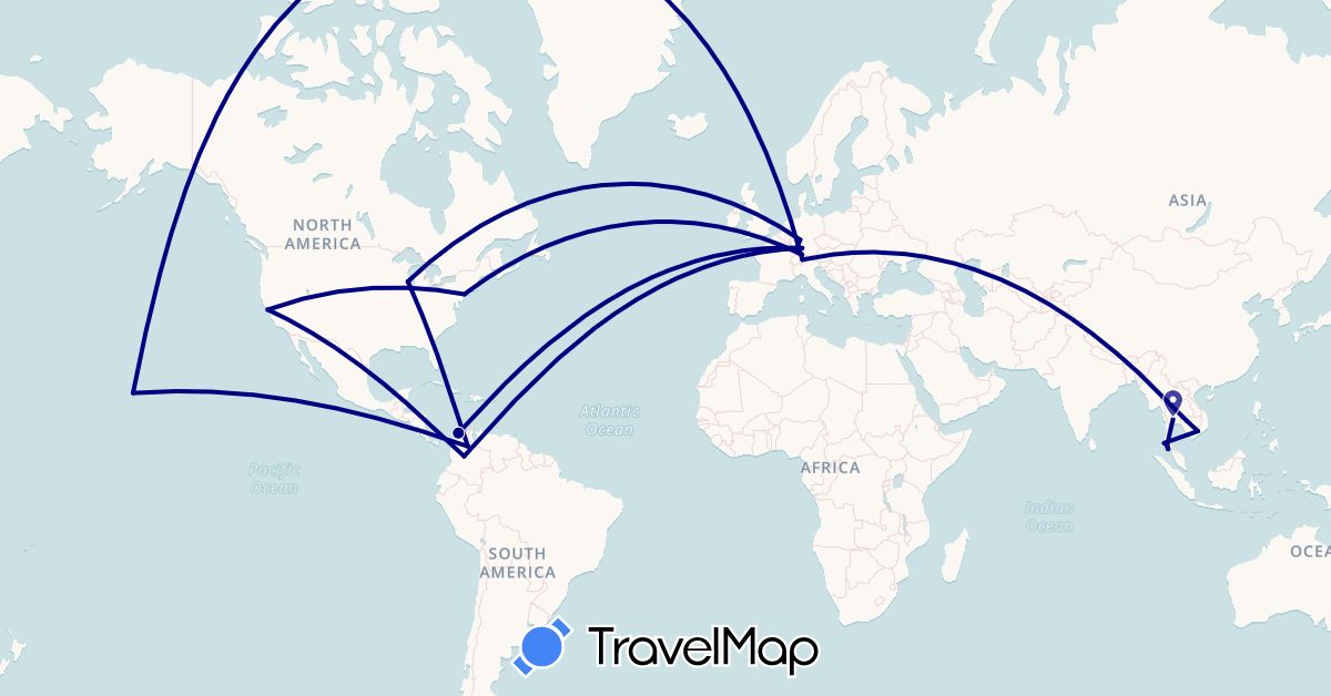 TravelMap itinerary: driving in Switzerland, Colombia, Germany, France, Cambodia, Thailand, United States, Vietnam (Asia, Europe, North America, South America)